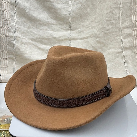 Lucky Brand Accessories - Lucky Brand 100% Wool Western Brown Leather Ranger Hat, Medium Beige